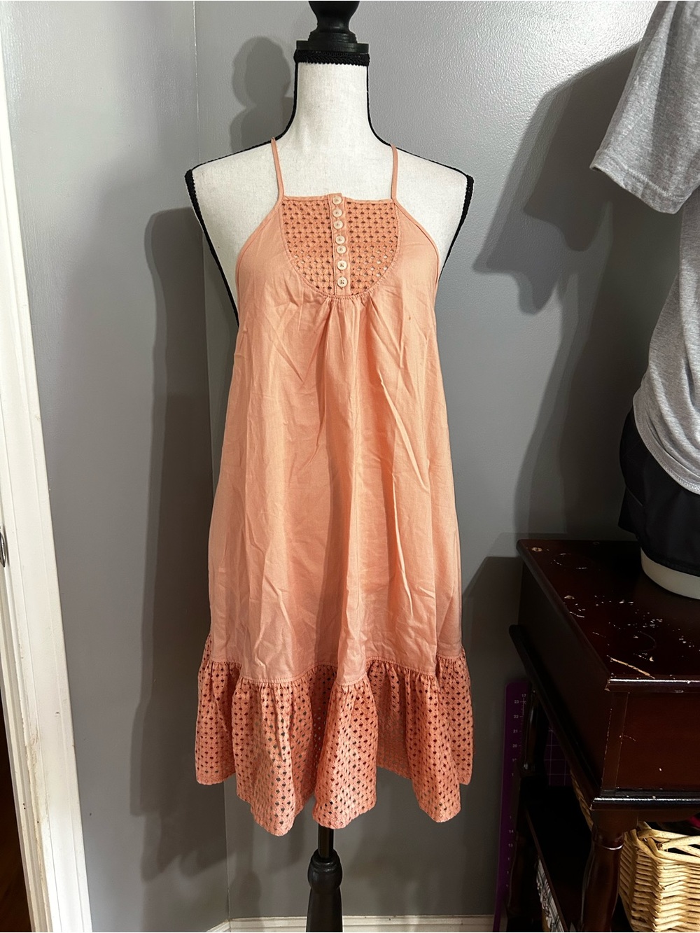 Intimately Free People Calico Trapeze Mini Dress Sz S Coral Ruffled Hem Cotton
